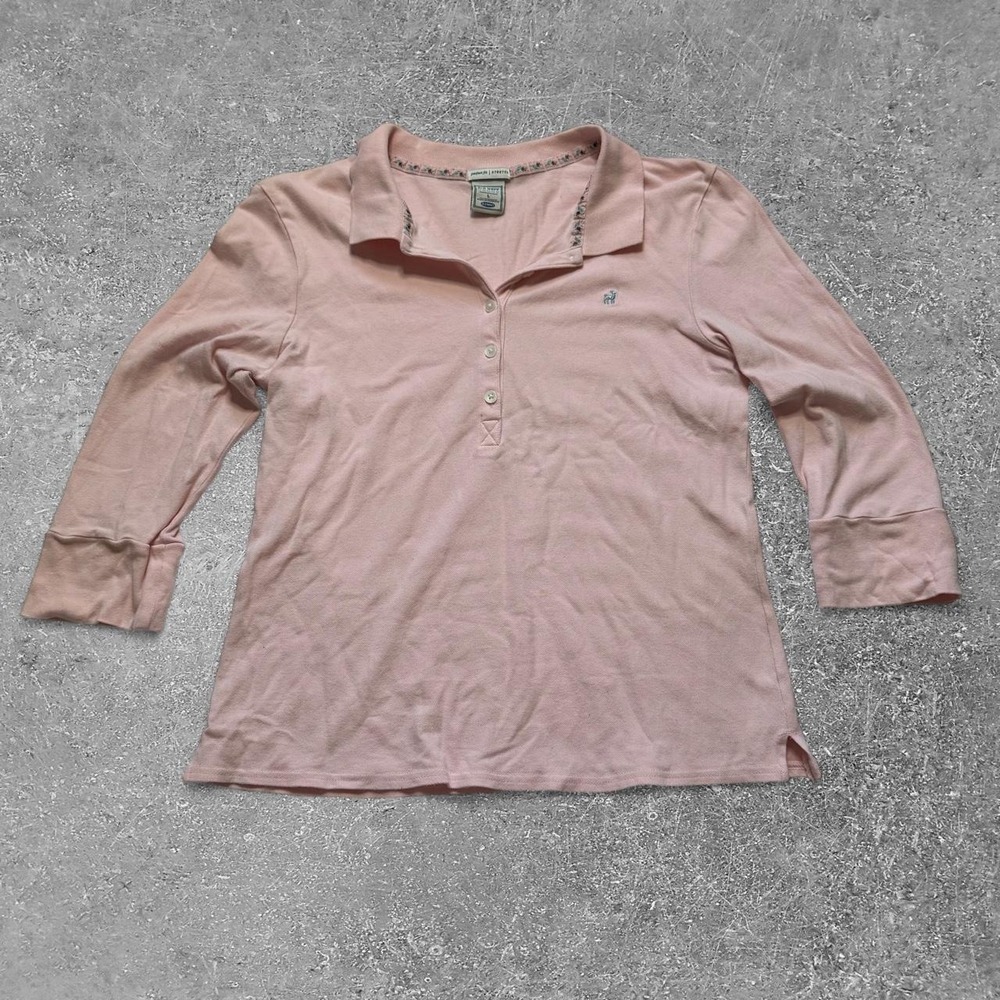 Old Navy Pink 3/4 Sleeve Polo Shirt Floral Trim Stretch Cotton Womens L